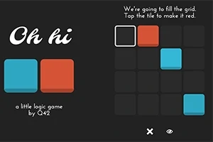 Cuadrícula en pantalla con cuadrados de colores azul y rojo y texto introductorio en inglés