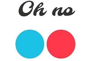 Texto Oh no en cursiva sobre un círculo azul y otro rojo