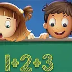 Dos niños mirando sorprendidos sobre un pizarrón verde con la suma 1 + 2 + 3