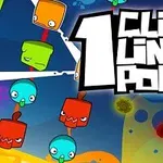 Ilustración colorida con personajes de formas cuadradas y redondas, rostros expresivos y un texto estilizado que dice 1 Click Line Pop