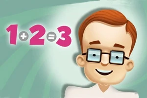 Ilustración de un personaje animado con gafas sonriendo, junto a una operación matemática simple 1 + 2 = 3 sobre un fondo verde claro