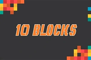 Texto 10 Blocks en letras naranjas con bordes blancos sobre un fondo negro, con patrones de bloques de colores en las esquinas
