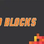 Texto 10 Blocks en letras naranjas con bordes blancos sobre un fondo negro, con patrones de bloques de colores en las esquinas