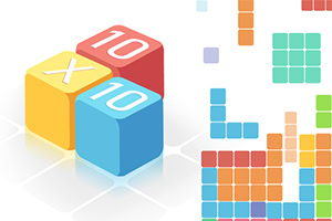 Cubos de colores con números 10 y X al lado de un tablero con bloques de colores en diferentes formas