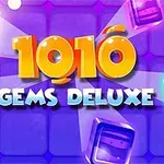 Texto brillante de 1010 Gems Deluxe con gemas de colores sobre un fondo azul violeta