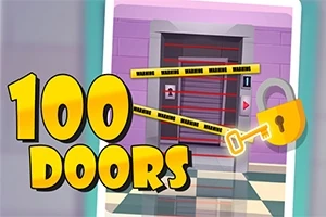 Ilustración de una puerta cerrada con cinta de advertencia roja y amarilla, junto al texto 100 Doors en letras grandes amarillas y un ícono de llave dorada