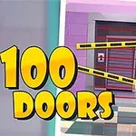 Ilustración de una puerta cerrada con cinta de advertencia roja y amarilla, junto al texto 100 Doors en letras grandes amarillas y un ícono de llave dorada
