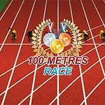 Atletas en posición de inicio en una pista de atletismo con un gráfico de medallas y texto que dice 100 Metres Race