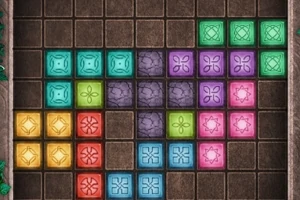 Bloques de colores organizados en un patrón dentro de una cuadrícula en un fondo marrón