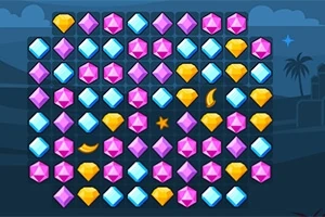 Gemas de colores rosa, azul y amarillo dispuestas en una cuadrícula sobre un fondo oscuro con palmeras en el horizonte