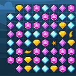 Gemas de colores rosa, azul y amarillo dispuestas en una cuadrícula sobre un fondo oscuro con palmeras en el horizonte