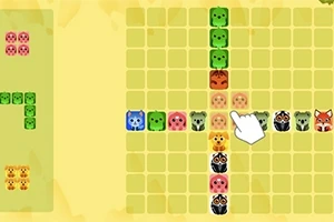 Interfaz de un juego con una cuadrícula llena de bloques de animales en diferentes colores y un cursor de mano seleccionando uno de los bloques