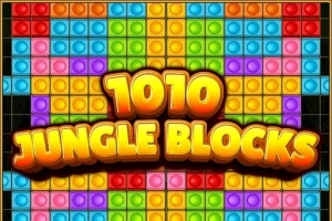 Bloques de colores brillantes y texto amarillo 1010 Jungle Blocks en el centro de la imagen