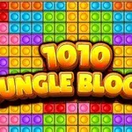Bloques de colores brillantes y texto amarillo 1010 Jungle Blocks en el centro de la imagen