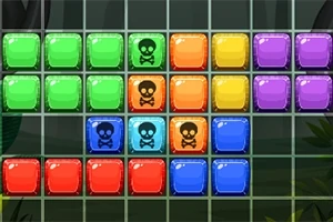 Bloques de colores alineados en una cuadrícula, algunos con símbolos de calaveras negras