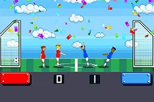 Juego de fútbol pixelado con personajes en equipos rojo y azul celebrando debajo de un cielo con nubes y confeti