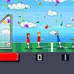 Juego de fútbol pixelado con personajes en equipos rojo y azul celebrando debajo de un cielo con nubes y confeti
