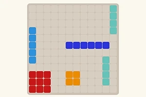Tablero cuadrado con bloques de colores rojo, azul, naranja y verde azulado colocados en un patrón geométrico