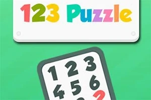 Texto colorido que dice 123 Puzzle en la parte superior y un tablero con números del 1 al 9 sobre un fondo verde