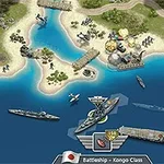 Batalla naval con barcos de guerra, aviones y explosiones cerca de una costa con agua azul y terreno verde