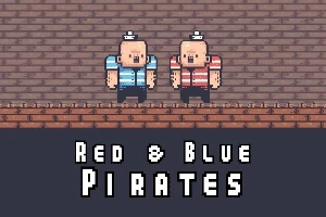 Dos personajes pixelados, uno con camisa azul y otro con camisa roja, con texto Red & Blue Pirates debajo