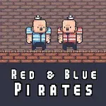 Dos personajes pixelados, uno con camisa azul y otro con camisa roja, con texto Red & Blue Pirates debajo