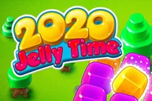 Texto colorido que dice 2020 Jelly Time sobre un fondo verde brillante con árboles y bloques de gelatina en tonos amarillo y morado