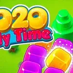 Texto colorido que dice 2020 Jelly Time sobre un fondo verde brillante con árboles y bloques de gelatina en tonos amarillo y morado
