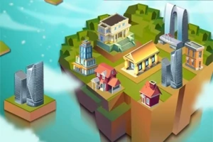 Isla flotante con varios edificios modernos y casas clásicas rodeada de nubes y agua azul