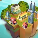 Isla flotante con varios edificios modernos y casas clásicas rodeada de nubes y agua azul