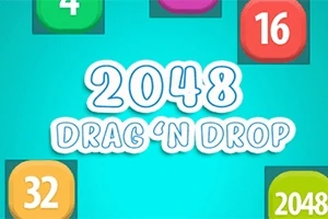 Texto 2048 Drag N Drop en fuente blanca, con cuadros de números como 4, 16, 32, y 2048 en un fondo azul
