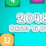 Texto 2048 Drag N Drop en fuente blanca, con cuadros de números como 4, 16, 32, y 2048 en un fondo azul
