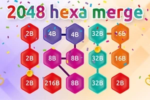 Hexágonos de colores con números dentro conectados entre sí, rodeados de confeti colorido