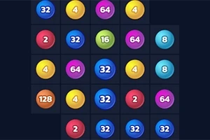 Una cuadrícula oscura con círculos de colores numerados que varían entre 2 y 128