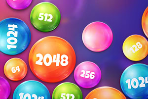 Burbujas de colores con números como 2048, 1024 y 512 en un fondo azul y morado