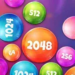 Burbujas de colores con números como 2048, 1024 y 512 en un fondo azul y morado