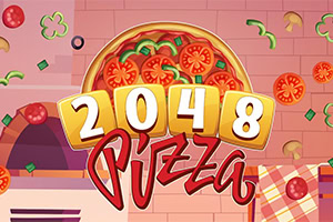 Logo colorido con rebanada de pizza, ingredientes y el texto 2048 Pizza sobre fondo rosa