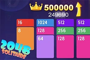 Gráficos coloridos con números apilados y texto que dice 2048 Solitaire, además de una corona y una flecha amarilla apuntando hacia arriba