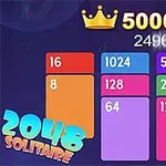 Gráficos coloridos con números apilados y texto que dice 2048 Solitaire, además de una corona y una flecha amarilla apuntando hacia arriba