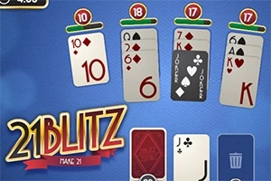 Pantalla de juego de cartas con cuatro columnas de naipes, puntajes numerados encima y un diseño gráfico colorido en el fondo