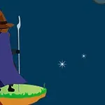 Un mago con sombrero y capa morada sostiene un bastón mientras se encuentra en una plataforma flotante, con un cielo estrellado de fondo