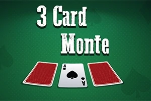 Cartas de juego sobre una mesa verde con el texto 3 Card Monte en letras grandes