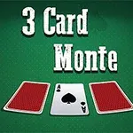 Cartas de juego sobre una mesa verde con el texto 3 Card Monte en letras grandes