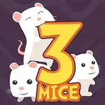 Tres ratones blancos adorables alrededor de un número tres amarillo con la palabra Mice en un fondo oscuro