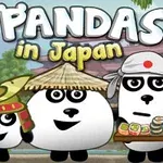 Tres pandas de dibujos animados con sombreros tradicionales japoneses y uno sosteniendo sushi, sobre un fondo de paisajes japoneses