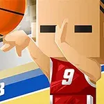 Jugador de baloncesto estilo cubo lanzando un tiro con un uniforme rojo y el número 9, junto a una canasta y un balón anaranjado