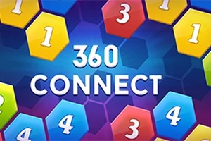 Hexágonos de colores con números y el texto 360 CONNECT en el centro sobre un fondo azul