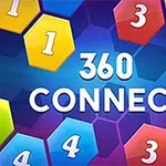 Hexágonos de colores con números y el texto 360 CONNECT en el centro sobre un fondo azul