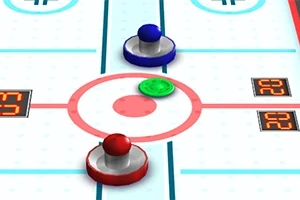 Mesa de hockey de aire con discos rojo y azul y un disco verde en el centro sobre un fondo blanco con líneas y marcadores digitales