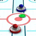 Mesa de hockey de aire con discos rojo y azul y un disco verde en el centro sobre un fondo blanco con líneas y marcadores digitales